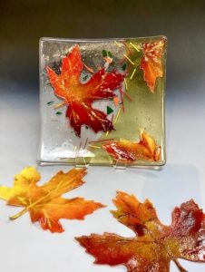 Fall Leaf Platter 8” Fused glass platter with fall leaves